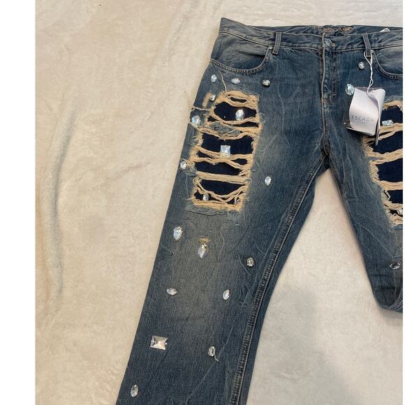 ESCADA SPORTS Rhinestone Patchwork Skinny Ripped Jeans 36 Bright Blue NWT - Picture 2 of 9